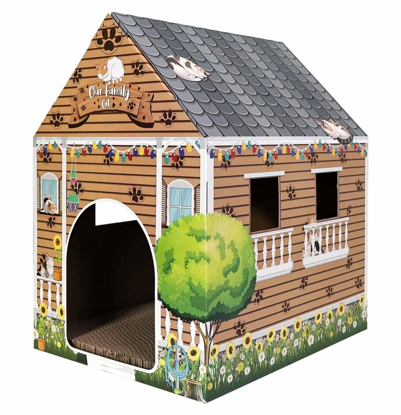 AVXINSOK Maison en Carton pour Chat avec Grattoir – Grand Modèle