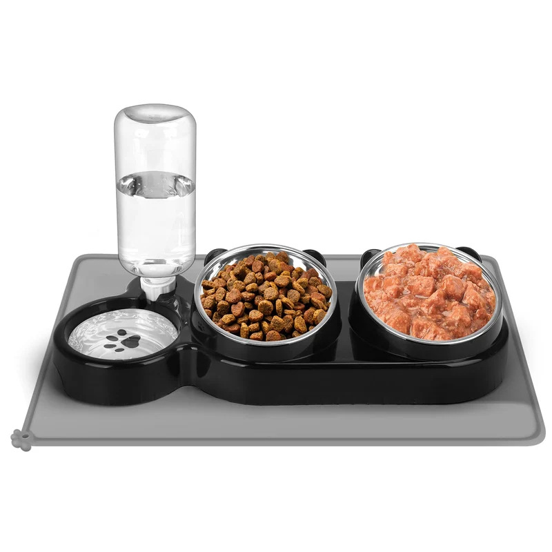 YECERCAN – Ensemble 3 en 1 pour chats : gamelles surélevées en acier inox + bouteille d'eau automatique + tapis étanche