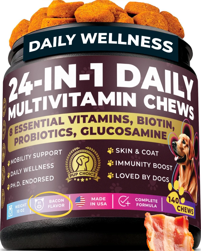 Pup Choice 24-en-1 – Multivitamines pour Chien (Articulations, Poil & Digestion) – Oméga-3, Probiotiques, Glucosamine – 140 Friandises Saveur Bacon