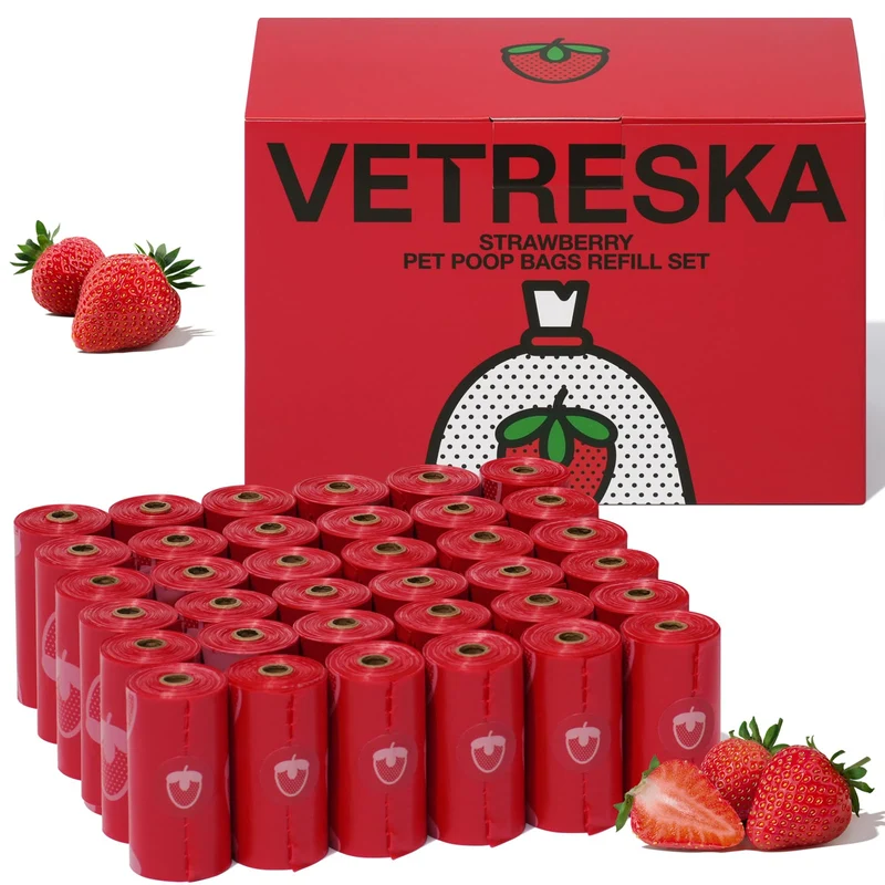 VETRESKA Sacs à crottes parfumés à la fraise – Anti-fuite, Épais, Grand format – 36 rouleaux, 540 sacs, Rouge