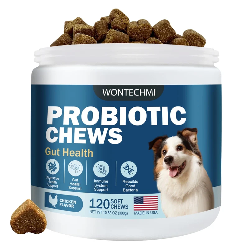 WONTECHMI Probiotiques pour Chiens – Santé digestive, peau & oreilles, 120 bouchées au poulet