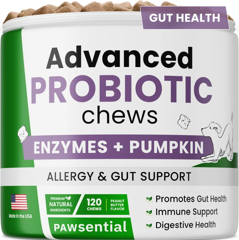 Pawsential Gommes Probiotiques pour Chiens – Digestion et Santé Intestinale, Formule Avancée avec Levure, Enzymes et Fibres – 120 Gommes Saveur Beurre de Cacahuète