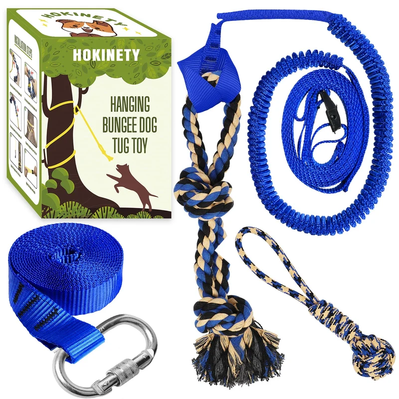 HOKINETY Jouet Suspendu Bungee pour Chien – Tir Interactif, Entraînement et Jeu Extérieur – 2 Cordes en Coton, Bleu
