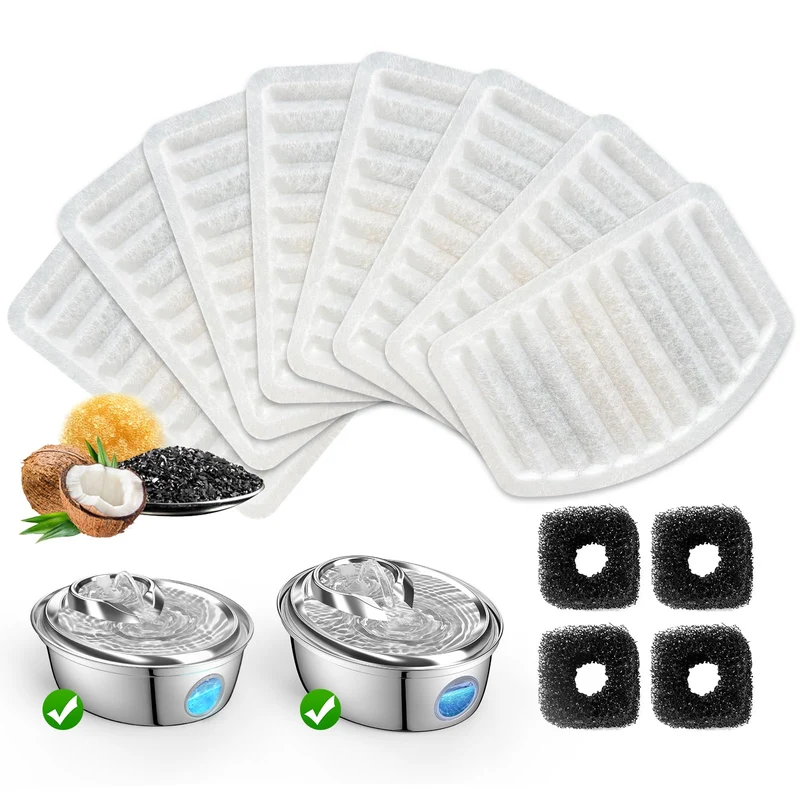 ORSDA Filtres pour Fontaine Chat D36/D66 avec Fenêtre de Niveau d'Eau – 8 Filtres + 4 Éponges de Pompe