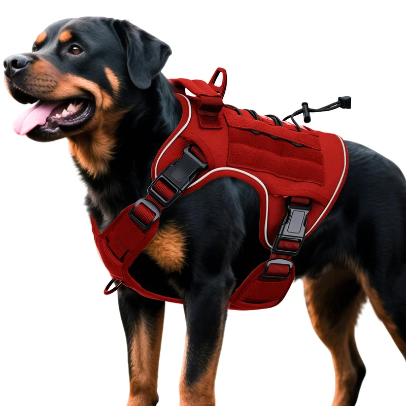 Harnais Tactique Bruvoalon pour Grand Chien – Sans Traction, Réglable, MOLLE, Réfléchissant, Rouge, X-Large