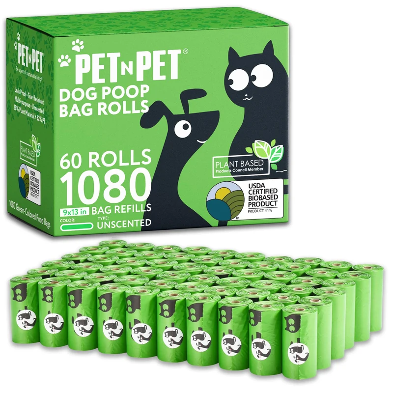 Pet N Pet Sacs Poubelle Chien 1080 – 41% Base Végétale, Extra Fort 9x13 po, Sans Parfum