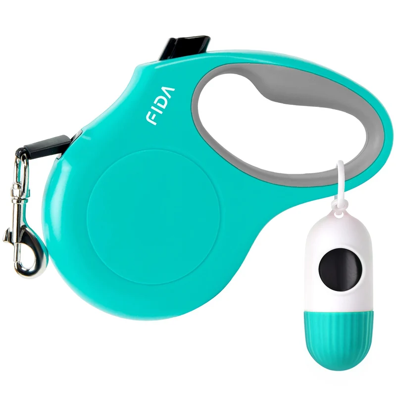 Fida Longe retractable 16 pieds avec Distributeur et Sacs – Pour Petit Chien ou Chat jusqu'à 26 lb – Poignee Anti-Glisse et Corde Reflechissante