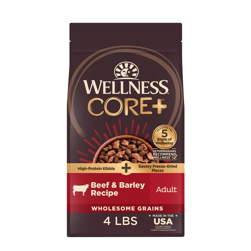 Wellness CORE+ Alimentation sèche pour chien adulte – Morceaux lyophilisés de bœuf et d’orge, sac de 4 livres