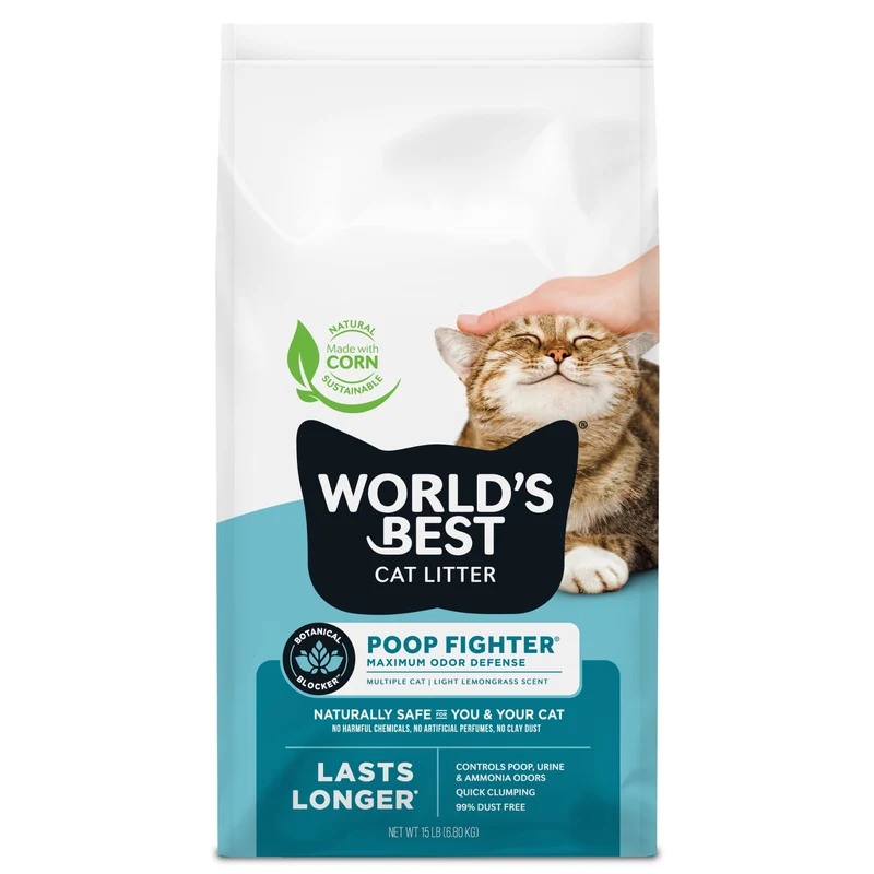World's Best Cat Litter – Poop Fighter – Défense Maximale contre les Odeurs, 15 lb – Ingrédients Naturels, Formation rapide des grumeaux, Flusable, 99% Sans Poussière, Fabriqué aux États‑Unis – Contrôle durable des odeurs et Ramassage facile