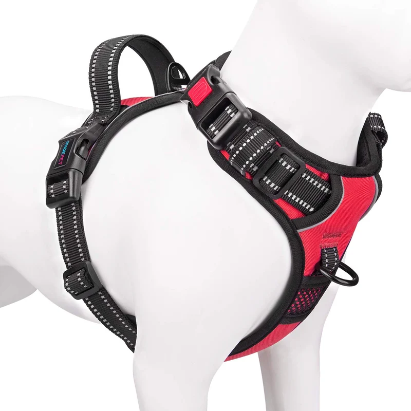 PHOEPET Harnais Chien Sans Tir Réfléchi Avant Clip — Poignée, 2 Anneaux Métalliques, 3 Boucles, Taille M, Rouge