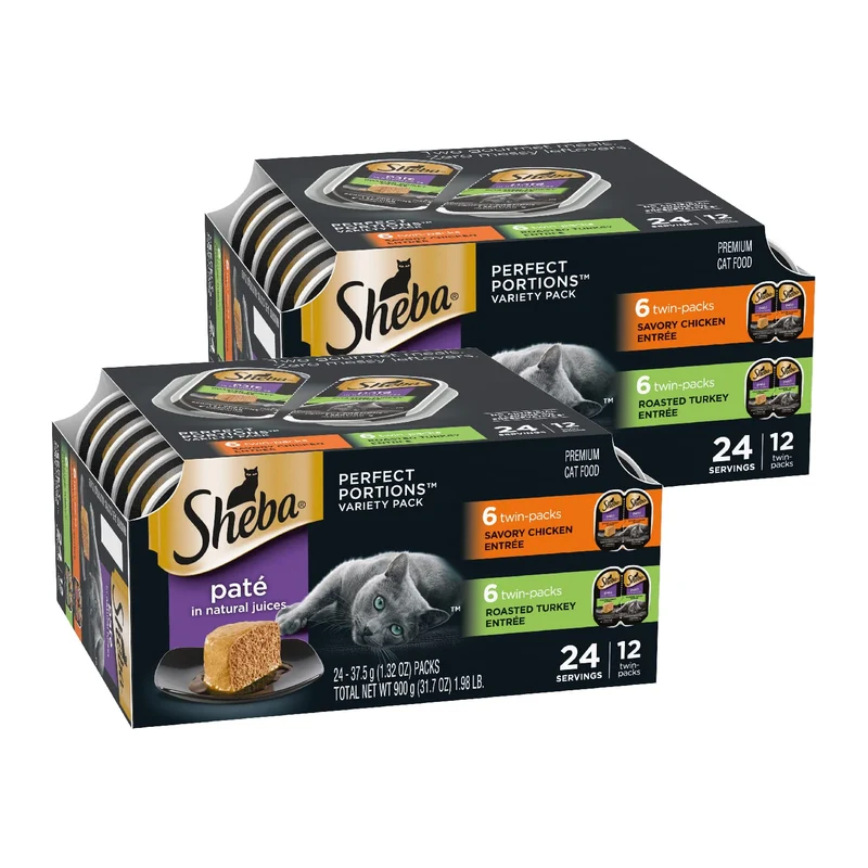Sheba Portions Parfaites Pâté — Entrées Poulet et Dinde, Lot Variété Humide pour Chat, 2,6 oz, 12 Portions