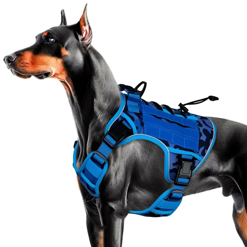 Bruvoalon Harnais Tactique Anti-Tirage pour Chiens Grands — Système MOLLE, Réfléchant, Bleu Camouflage, Taille L