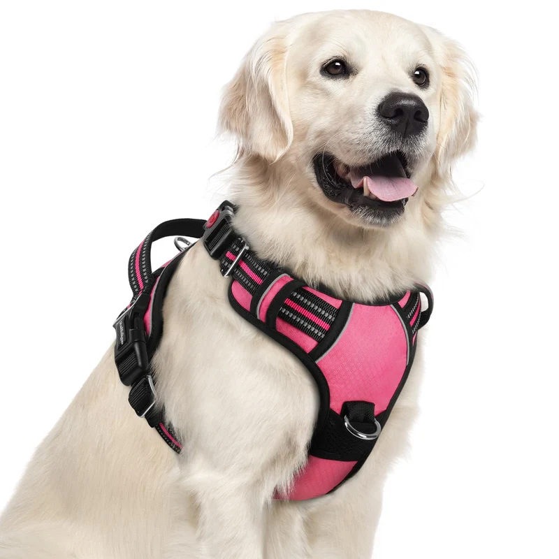 rabbitgoo Harnais pour Chien Grand — Sans Tirage, 3 Boucles, Poignée Supérieure, Bandes Réfléchissantes, Rose, XL