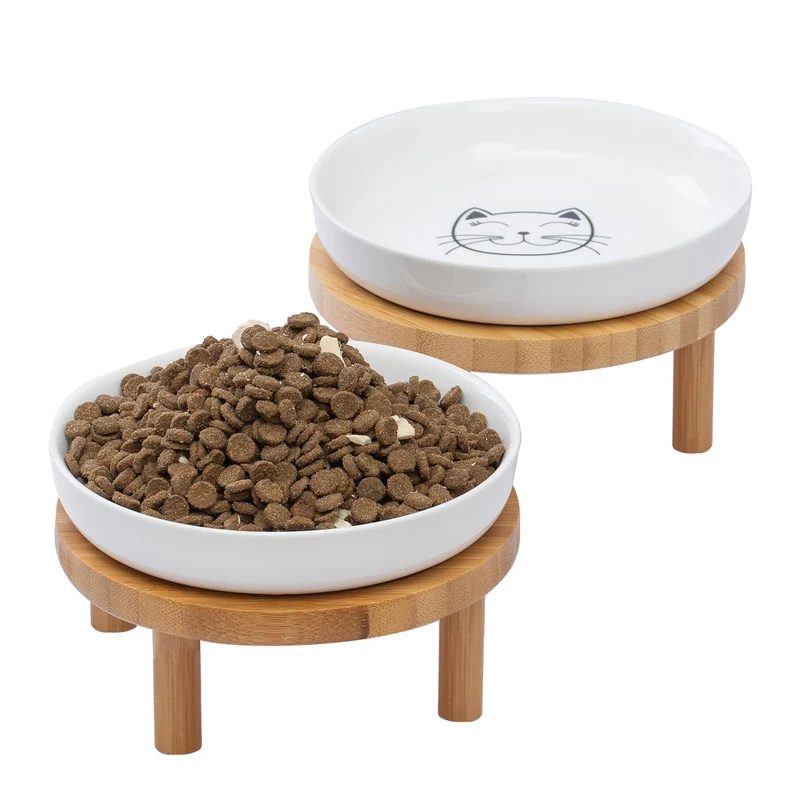 Lusifaco – Gamelles pour chat surélevées en céramique avec support en bambou, 2 hauteurs, peu profondes, station anti-glisse
