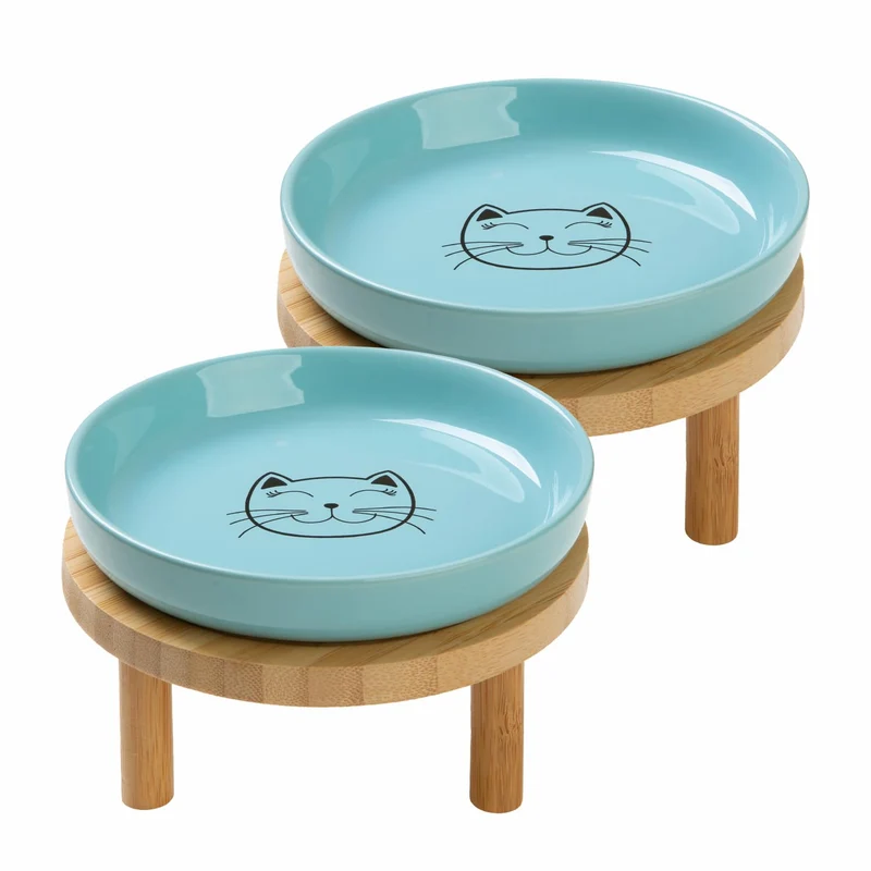 Lusifaco Bols Chats Élevés en Céramique – Bleu, Support Bambou, Lot de 2