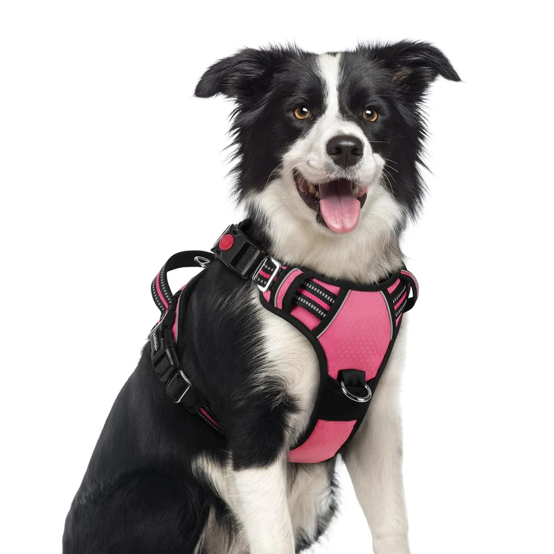 Rabbitgoo Harnais pour chien moyen – anti-tir, 3 boucles, poignée de contrôle, maille douce, bandes réfléchissantes – Rose M