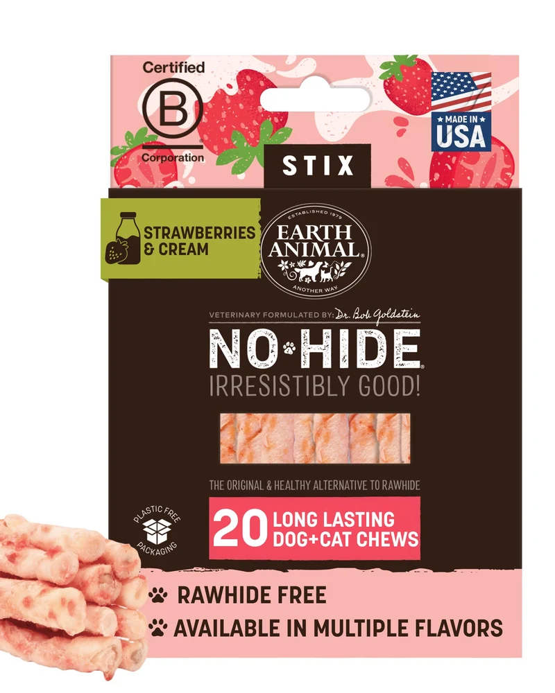 Earth Animal No-Hide Stix Fraises et Crème – Alternative végétarienne naturelle pour chiens et chats, 20 bâtonnets
