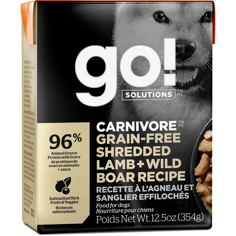 Go! Solutions Carnivore Grain-Free Shredded Lamb + Wild Boar Tetra Pak Dog Food (12.5oz/354g)