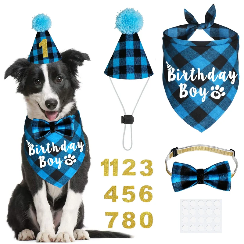 JOTFA Chapeau d’anniversaire pour chien – Plaid bleu, bandana, noeud papillon et chiffres