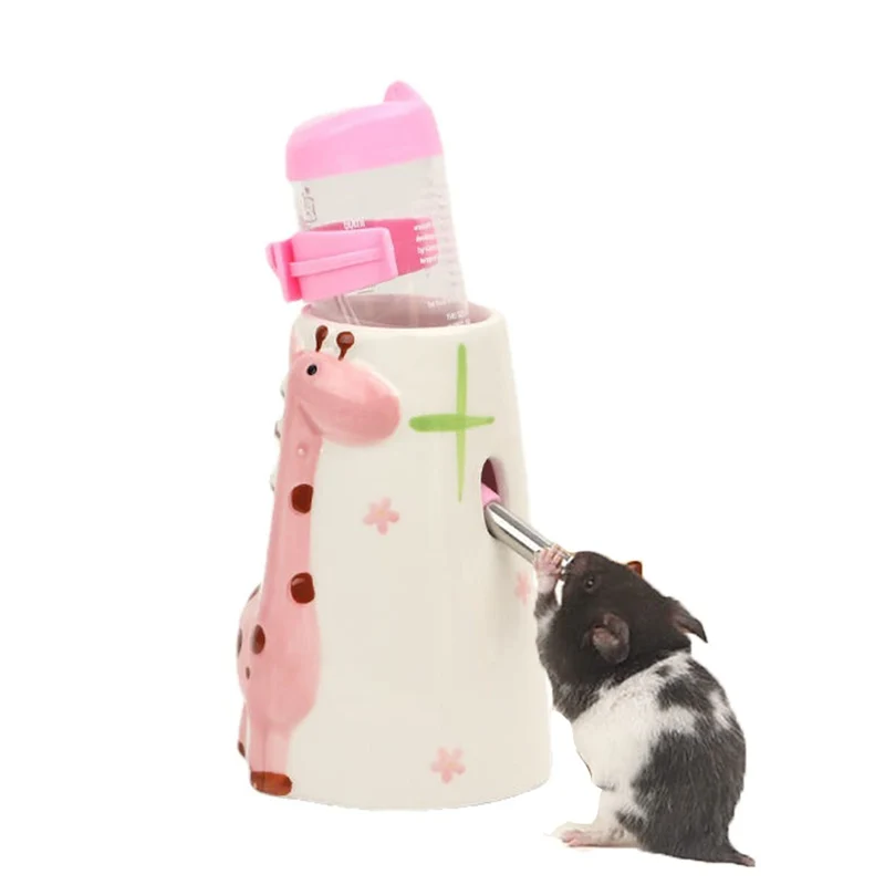 CHUQIANTONG - Distributeur d'eau en céramique pour petits animaux (hamster, cochons d'Inde, hérisson) avec socle rose – capacités 80/125/250 ml