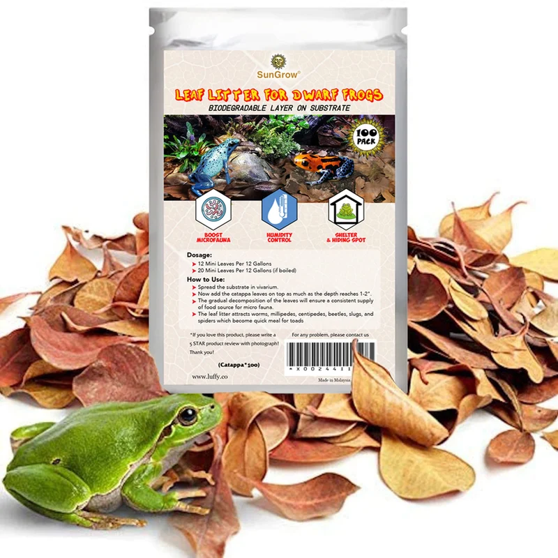 SunGrow Mini Feuilles Catappa pour Grenouilles — Litière Terrarium, Humidité Optimisée, Habitat Naturel (100 Pièces)