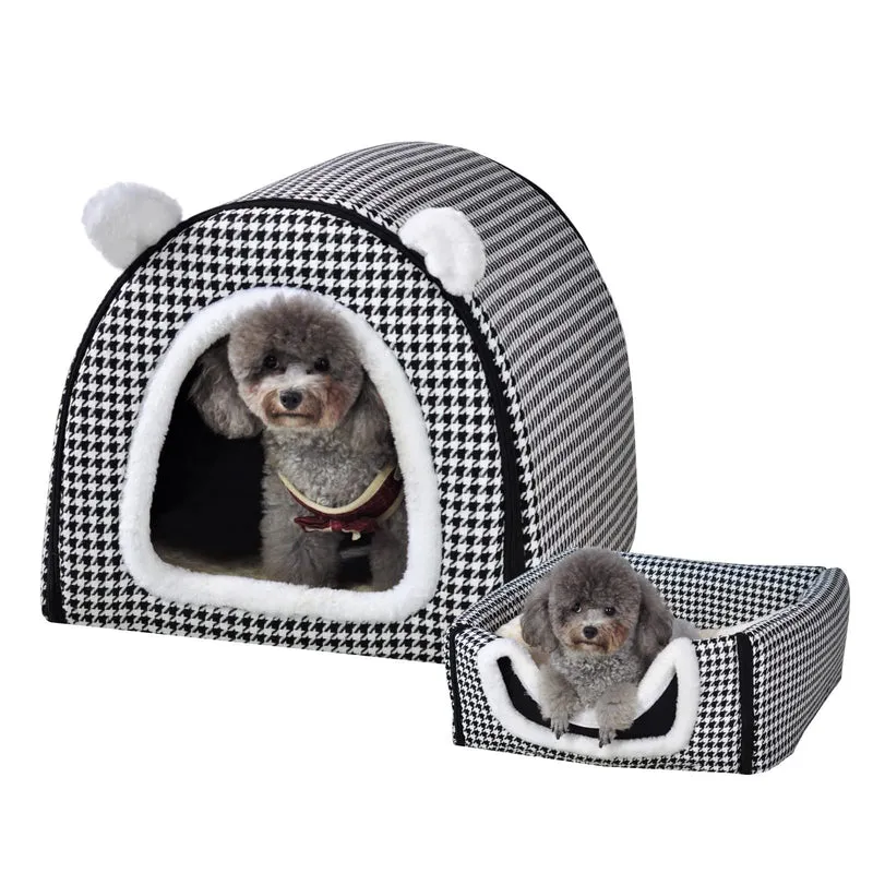 FOUIYIUTU Nid chien et chat – 2-en-1, maison intérieure avec tapis moelleux, housse lavable et fond anti-dérapant (L, Noir)