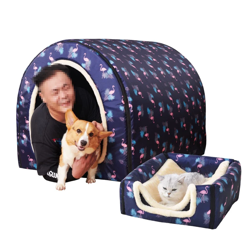 FOUIYIUTU – Lit pour chien 2 en 1 XXL Flamingo : Maison intérieure avec tapis moelleux, housse amovible lavable et base anti-dérapante