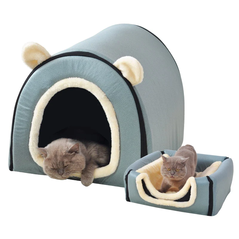 FOUIYIUTU Cabane Douillette pour Chat et Petit Chien – 2 Modes d’Utilisation, Housse Lavable (M, Bleu Clair Cuir Synthétique)