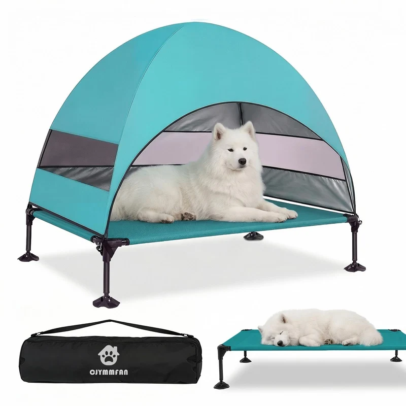 CJYMMFAN Lit Chien Elevé avec Canopée UV et Pieds Reglables – Portatif et Extérieur