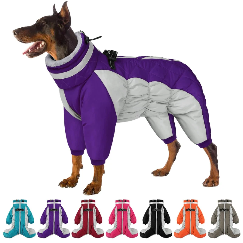 SUNFURA Manteau Chien Plein Corps – Hiver avec Harnais, Col Fourrure, Réfléchissant, Manches, Violet XL