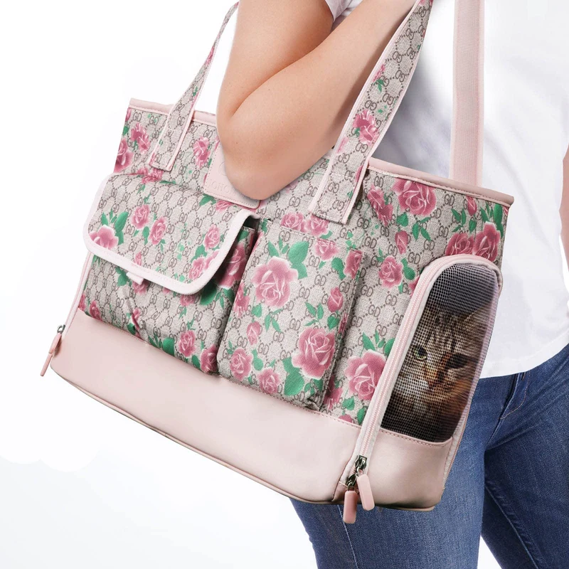 Johomviin Sac Porte-Chien-Chat Imprimé Fleur – Transport Portable et Étanche, Poches Multiples