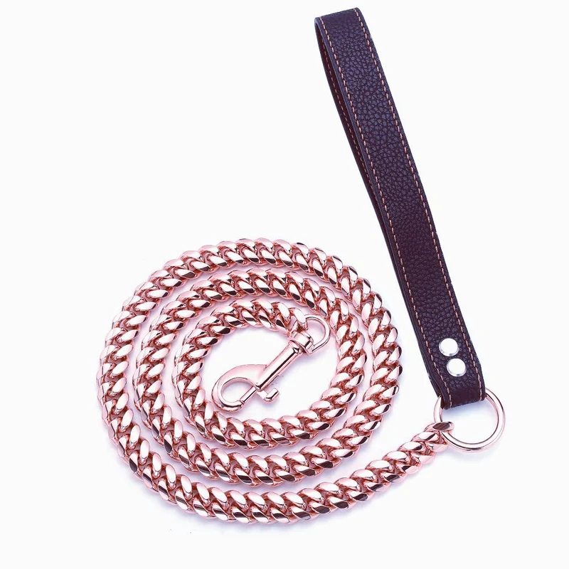 RUMYPET Laisse-Chaine Rose Doré 14mm – Acier Inoxydable, Chaîne Cubaine, Résistante au Mordillage, Longueurs 3 pieds / 4 pieds / 5 pieds