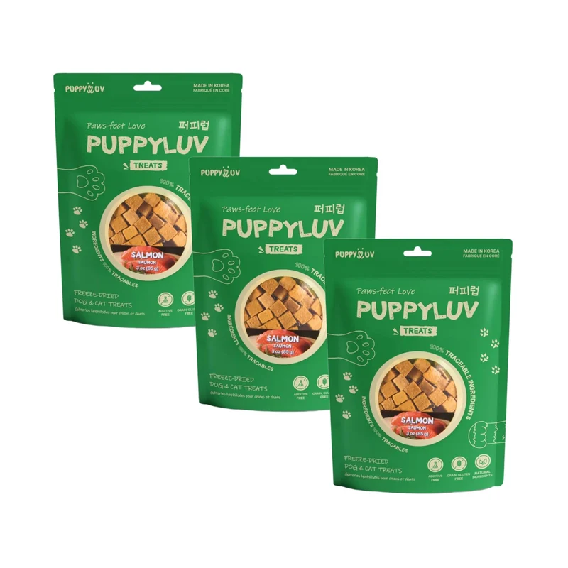 Puppyluv Friandise – Saumon lyophilisé pour chien et chat, ingrédient unique, protéines élevées, Oméga 3/6/9, sans céréales, sans gluten, format 3 oz x 3 paquets
