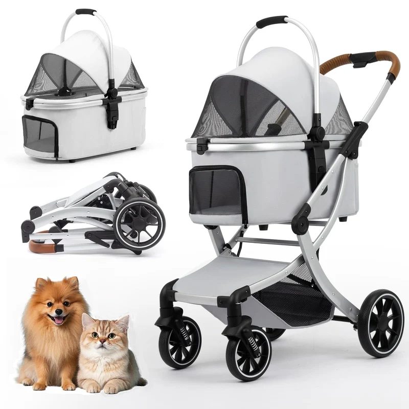 Poussette 3 en 1 Strocare pour chiens et chats — Carrier détachable, rangement et pliage facile (gris)