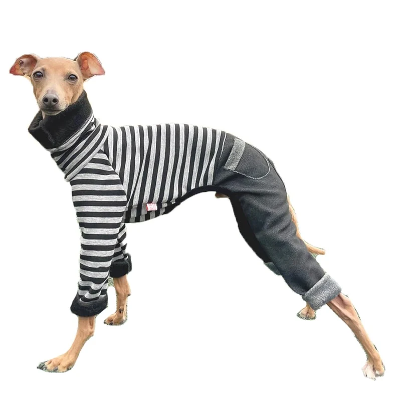 doggystar Vêtement en jean rayé pour Lévrier Italien et Whippet – Col roulé, Douceur fleece (2XL, Noir)