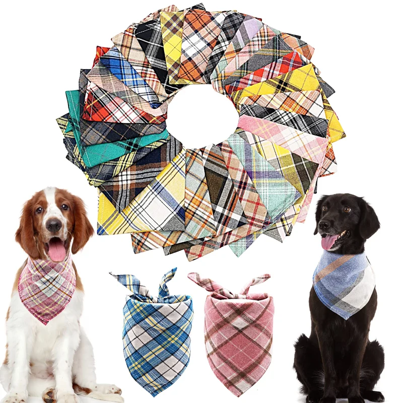 PET SHOW – Lot de 50 bandanas pour chiens et chats en coton à carreaux plaid | Accessoires de toilettage et photo