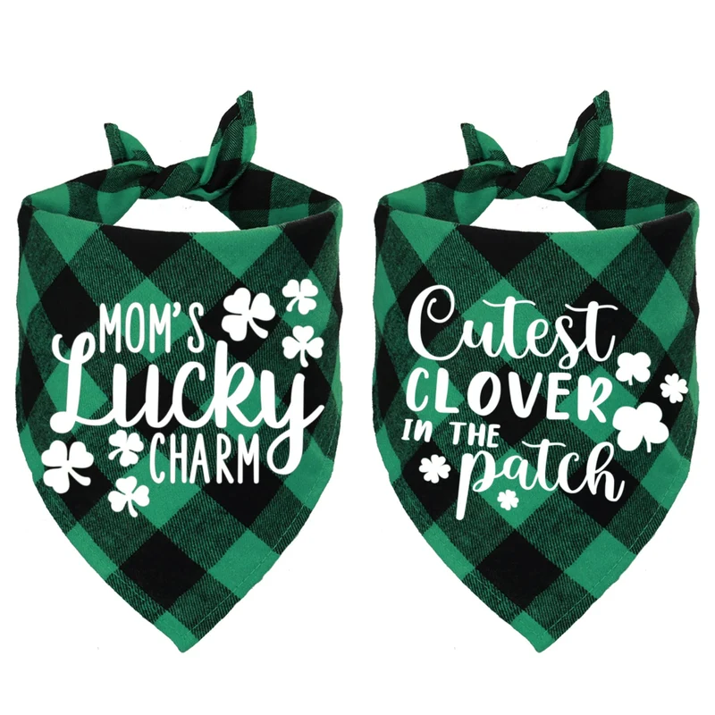 STMK Lot de 2 Bandanas pour Chien Saint-Patrick – Vert à Carreaux, Charme de Maman et Trèfle Patch