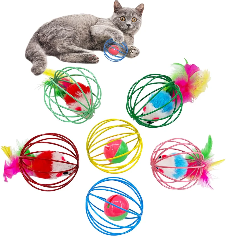 QUUVOVID Jouets pour Chats – Lot de 6 Balles avec Cage Métallique, Souris et Cloche