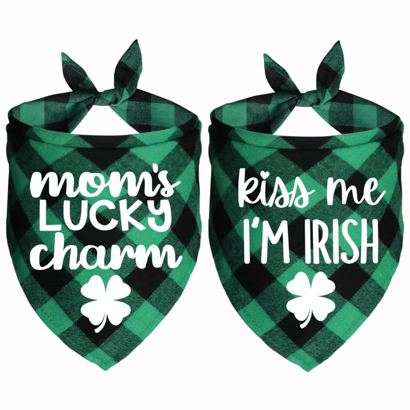 JOTFA Bandanas Chien Saint-Patrick – 2 Motifs Plaid 24 po × 16 po × 16 po (La Chance de Maman & Embrasse-moi, je suis Irlandais)