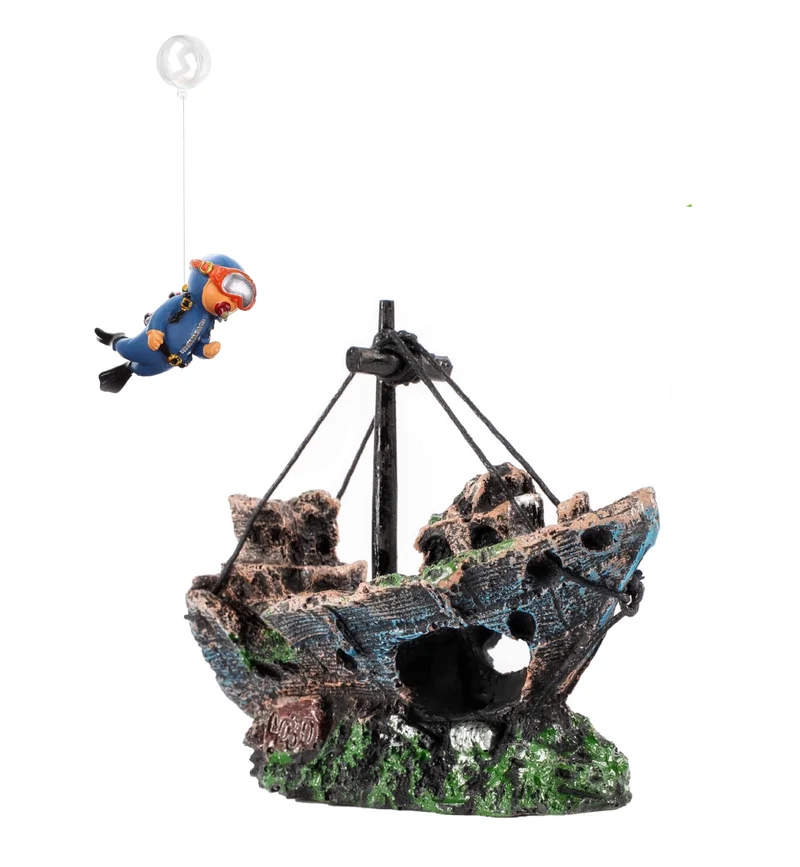 AWXZOM Navire naufragé réaliste et plongeur flottant – Décor d’aquarium