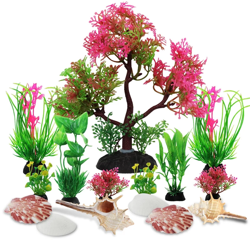PietyPet Plantes d’Aquarium avec Coquillages Naturels – 15 Pièces Déco Colorées