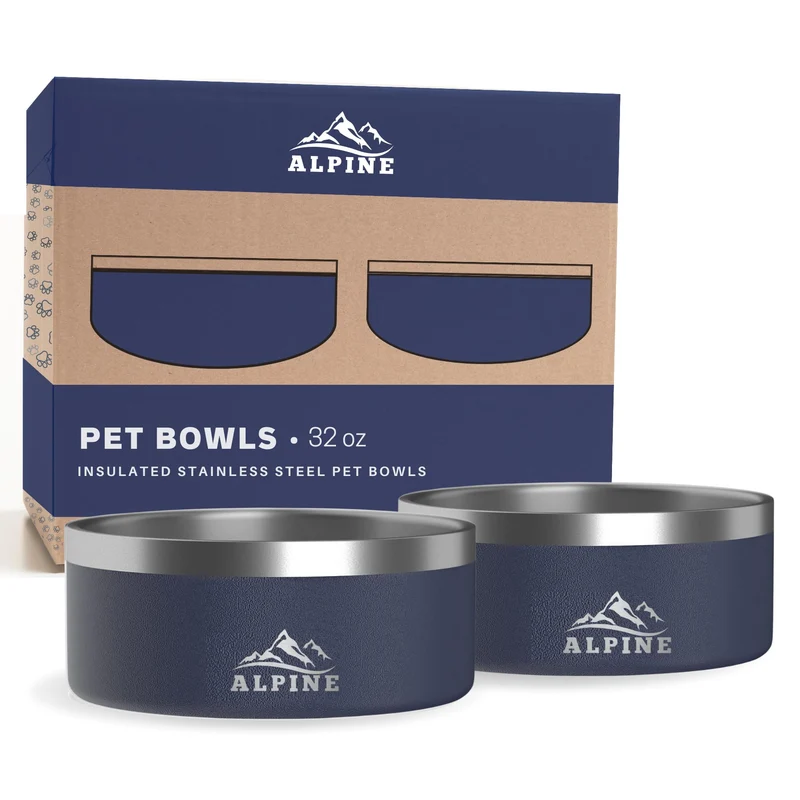 ALPINE Ensemble de 2 Bols en Inox pour Animaux – Antidérapants, Double Paroi, 32 oz, Navy