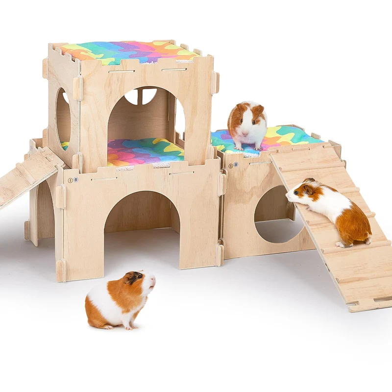Cachette pour cobaye Unicorn Catcher – Maison avec escaliers et tapis, château en bois extra-large