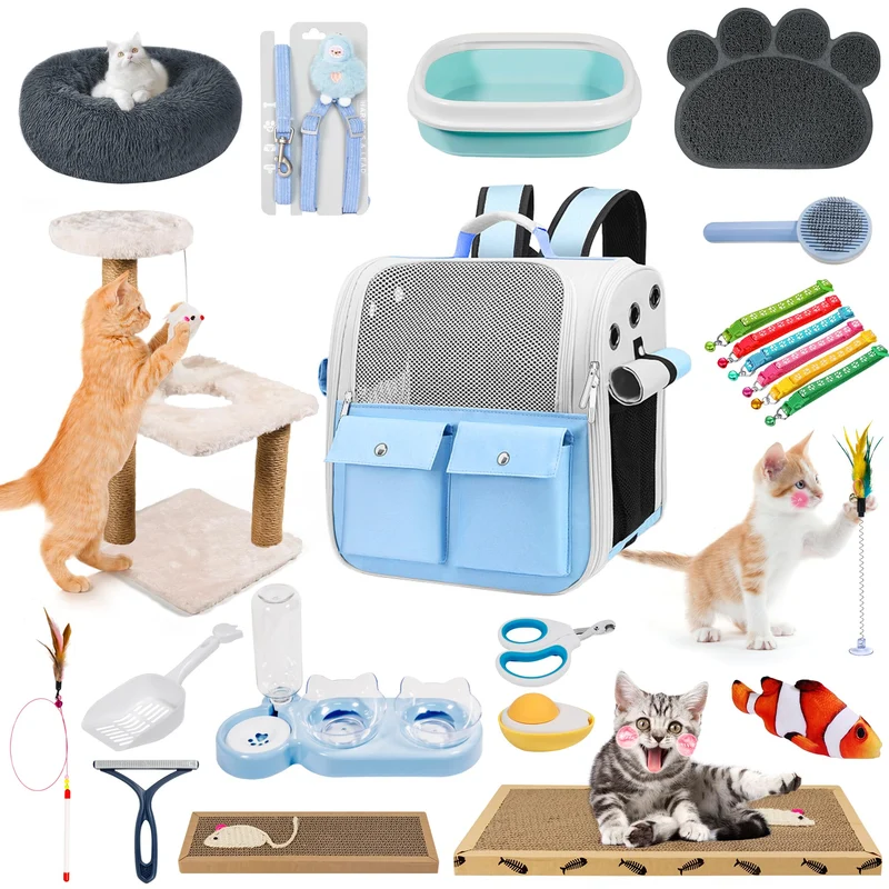BERXOL Kit chaton – Kit de démarrage 20 pièces essentielles (Bleu) – lit, transport et plus