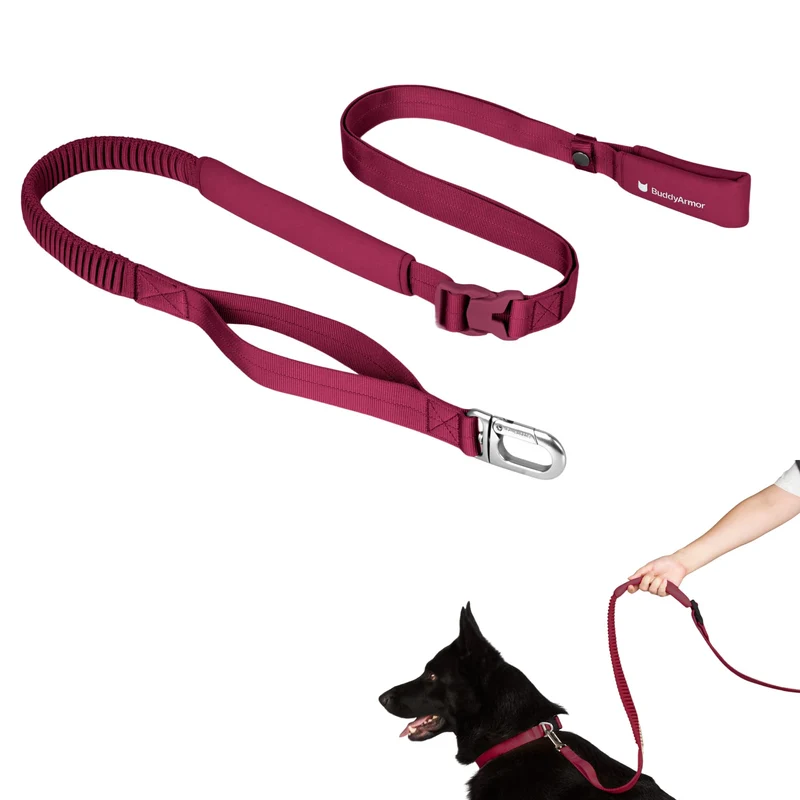 BuddyArmor Laisse pour chien mains libres – Réglable, crossbody, réfléchissante, confort | Taille M, Bourgogne clair