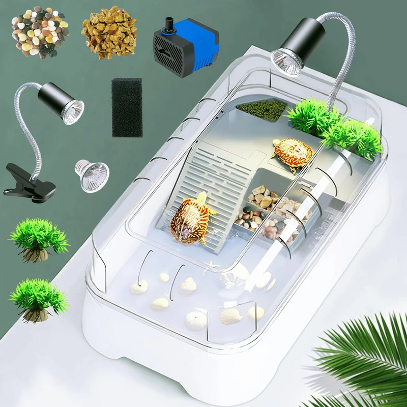 JIURUN Kit Aquarium Tortue – Pompe, Filtration, Plateforme de Baignade et Lampe UV (43 × 24 × 18 cm)