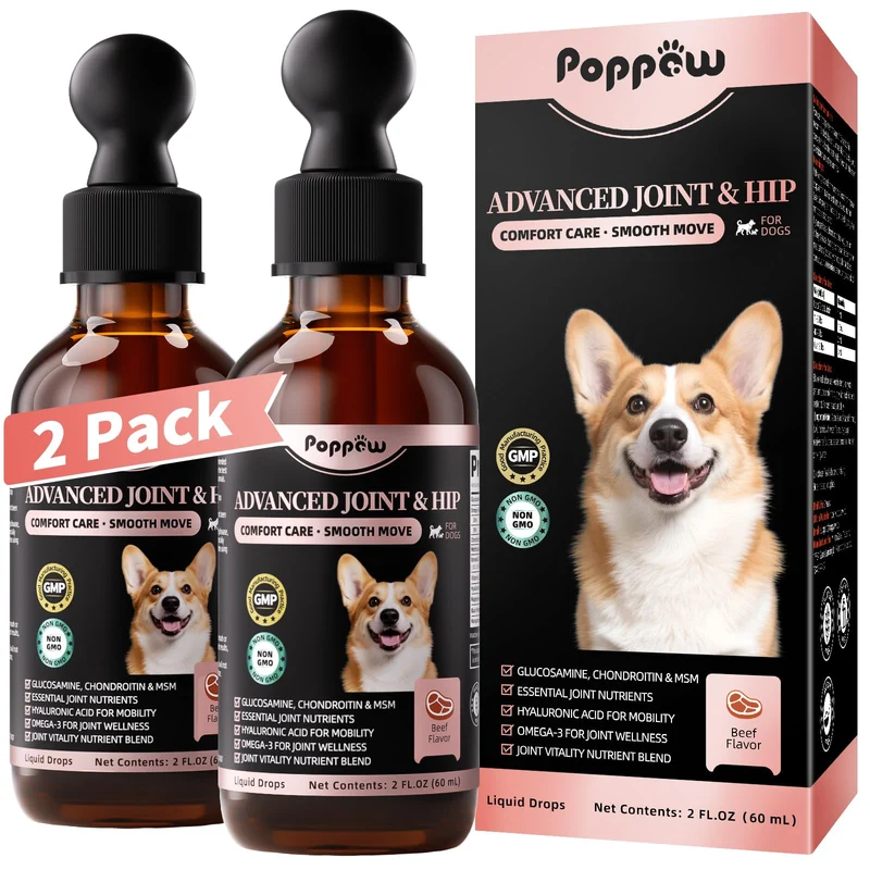 POPPAW Gouttes articulations pour chiens – 10 en 1, glucosamine chondroïtine, hyaluronique, MSM et oméga-3 – toutes tailles