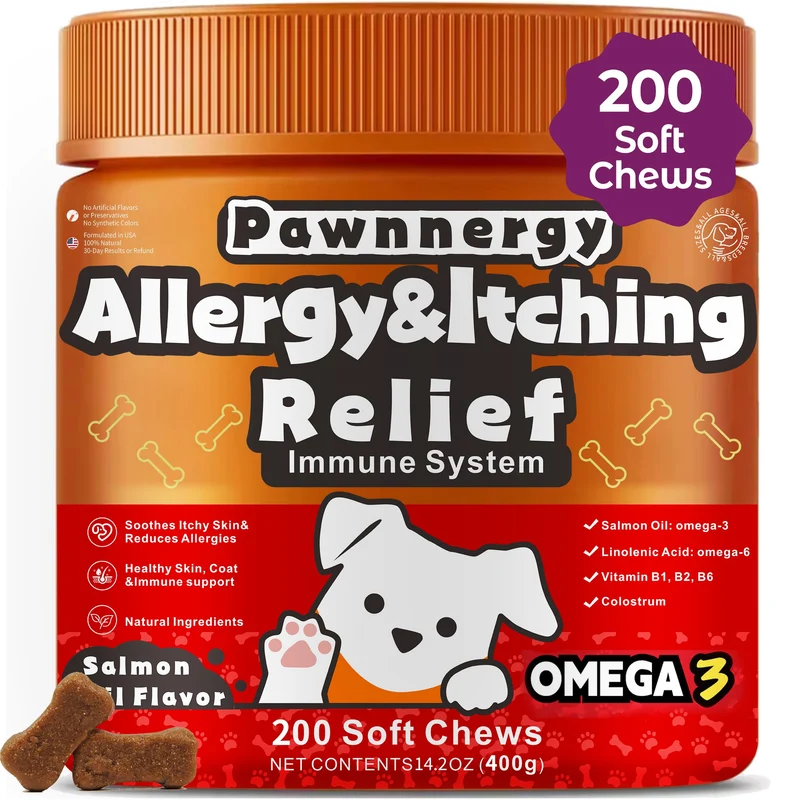 Pawnnergy Chien – Friandises Molles Allergie et Démangeaisons au Saumon | Oméga-3/6, Colostrum, Probiotiques – 200 Friandises