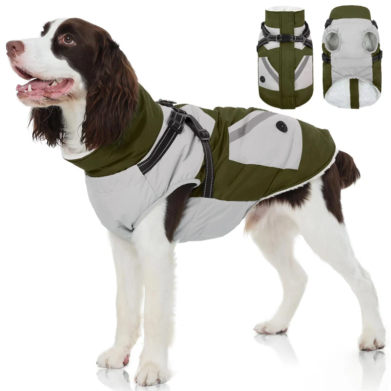 FUAMEY Manteau d'hiver pour chien – Grand format, harnais intégré, imperméable, doublure polaire, réfléchissant, poches vert XL