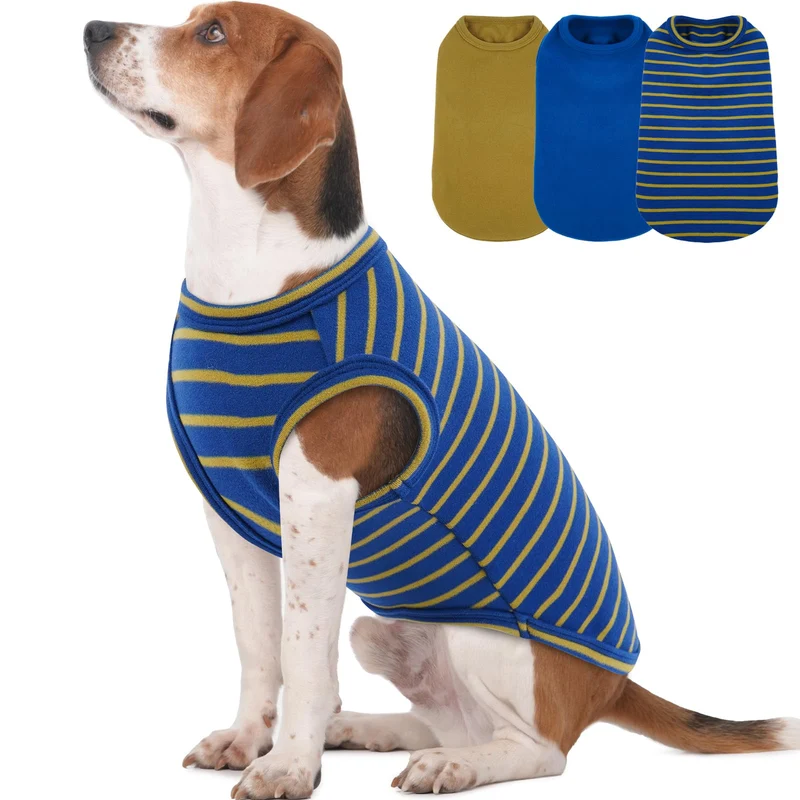 MORVIGIVE - Ensemble de 3 pulls pour chiens moyens (bleu et rayures) sans manches – matière douce et extensible